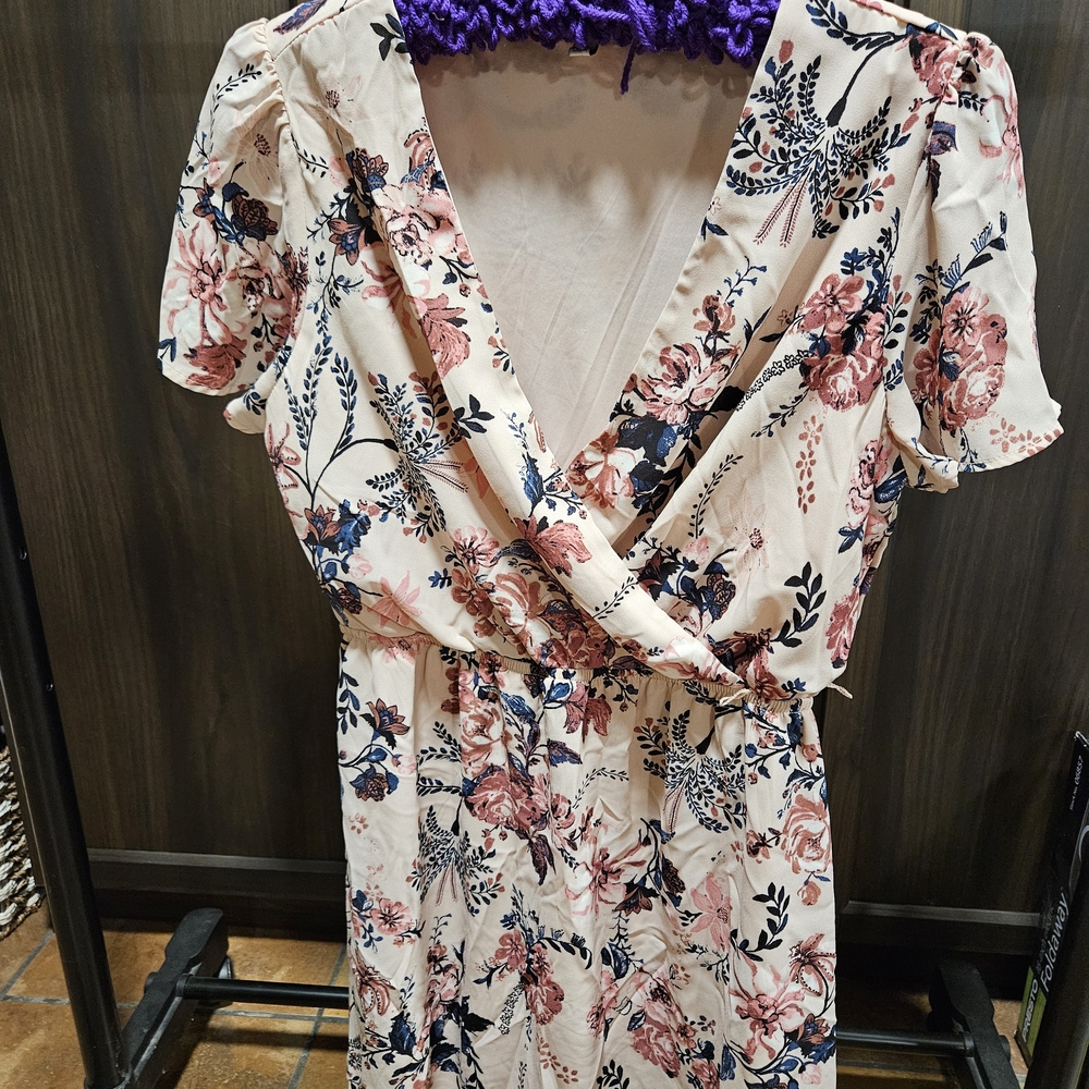AUW Cream and Pink Floral Midi Dress